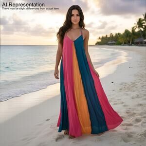 Free People Mixin It Up Maxi Dress Sz XS Pink Orange Teal Raw Edges Flowy Boho